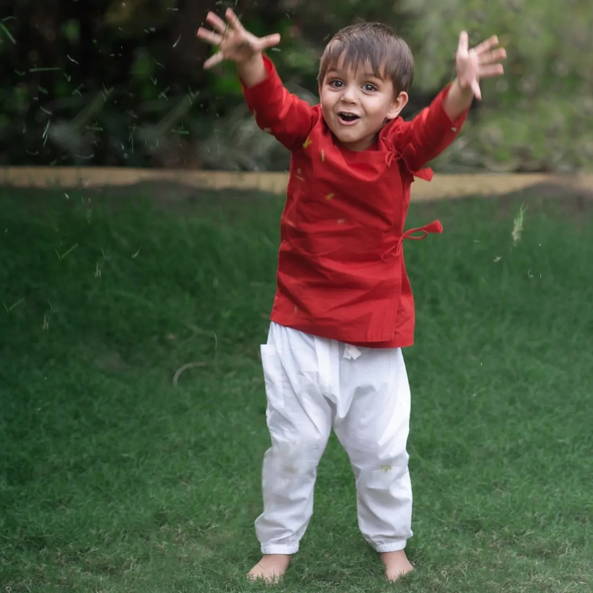 Kids Unisex Organic Cotton Red Angrakha and White Pants