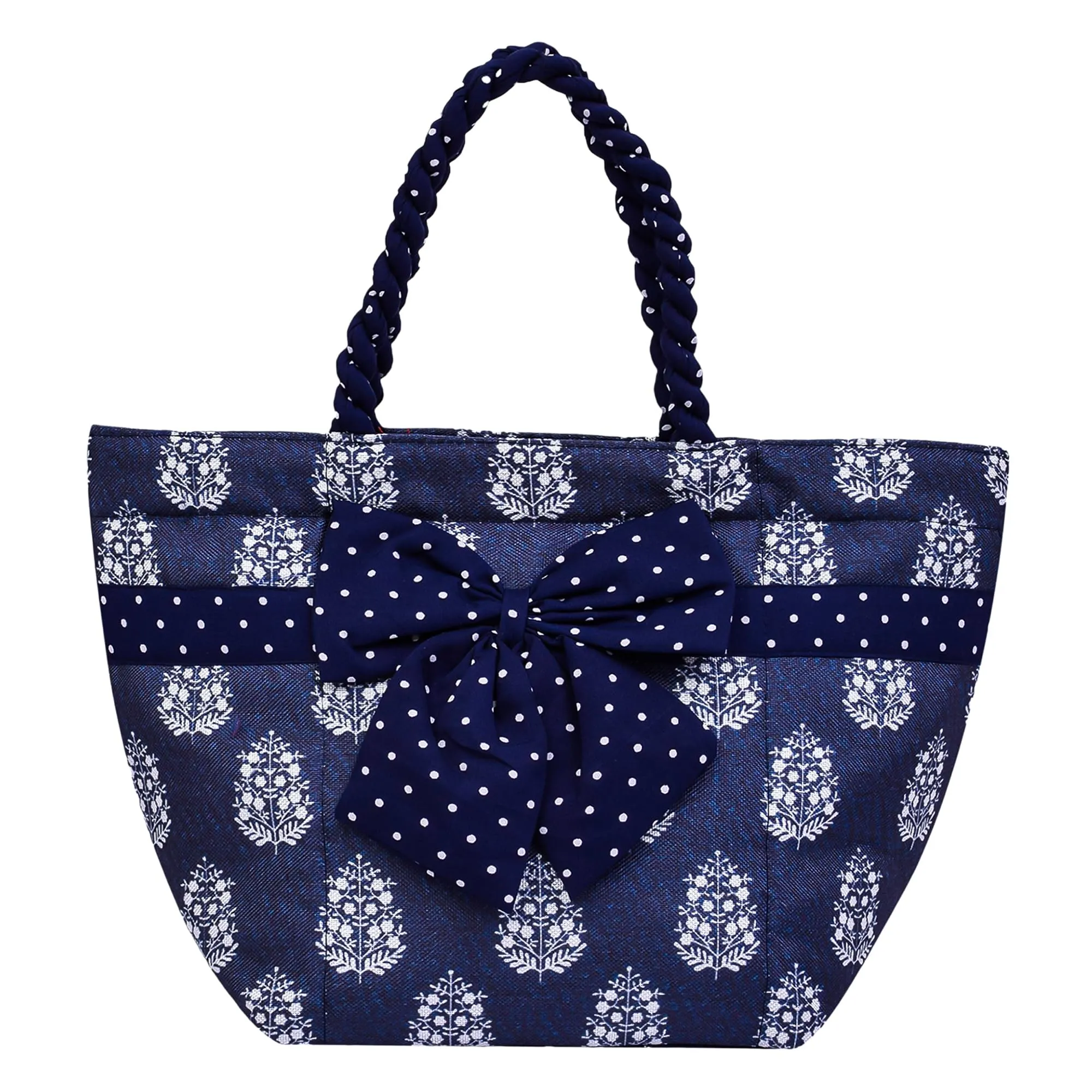 Kuber Industries Hand Purse | Polyester Hand Bag | Woman Shoulder Bag | Top Handle Handbag | Gifting Hand Purse | Ladies Tote Purse | Bow Dot Printed Handbag | Blue