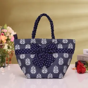 Kuber Industries Hand Purse | Polyester Hand Bag | Woman Shoulder Bag | Top Handle Handbag | Gifting Hand Purse | Ladies Tote Purse | Bow Dot Printed Handbag | Blue