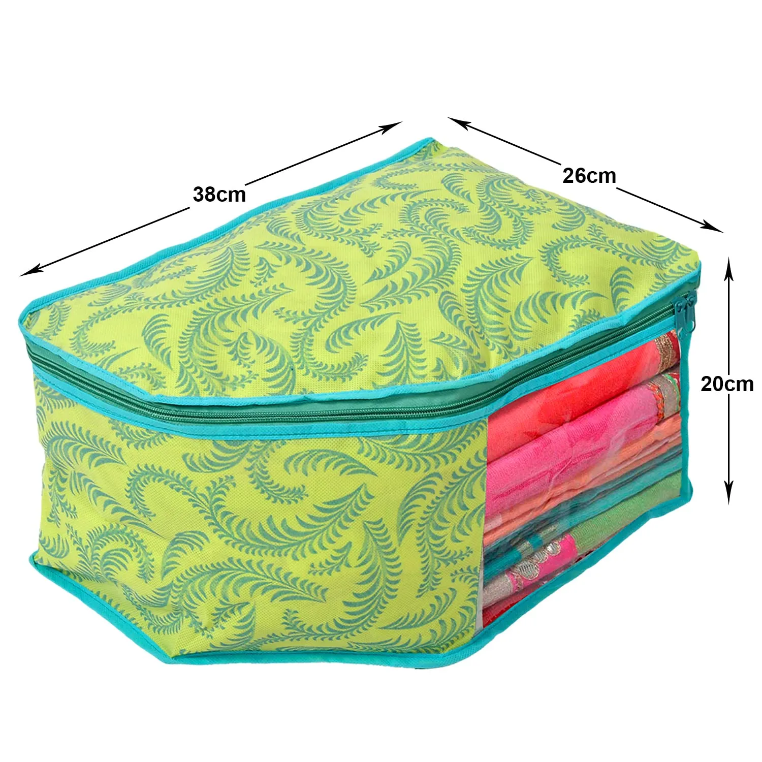 Kuber Industries Leaf Printed Non-Woven Blouse Cover Wardrobe Organiser|Metalic Leaf Print & Front Window|Zipper closure|Size 38 x 26 x 20 CM|Pack of 3 (Green)-44KM0530, Rectangular