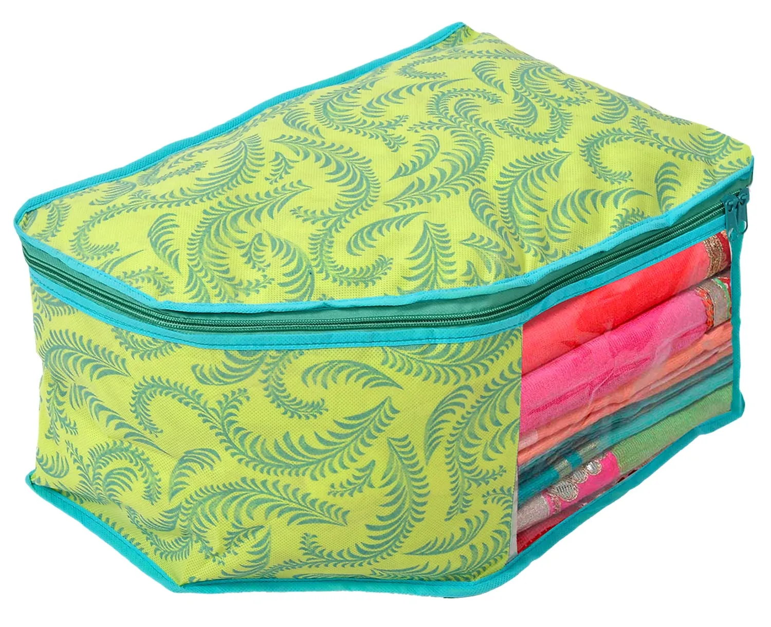 Kuber Industries Leaf Printed Non-Woven Blouse Cover Wardrobe Organiser|Metalic Leaf Print & Front Window|Zipper closure|Size 38 x 26 x 20 CM|Pack of 3 (Green)-44KM0530, Rectangular