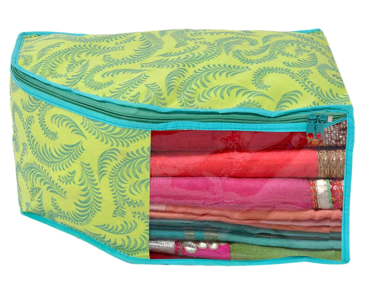 Kuber Industries Leaf Printed Non-Woven Blouse Cover Wardrobe Organiser|Metalic Leaf Print & Front Window|Zipper closure|Size 38 x 26 x 20 CM|Pack of 3 (Green)-44KM0530, Rectangular