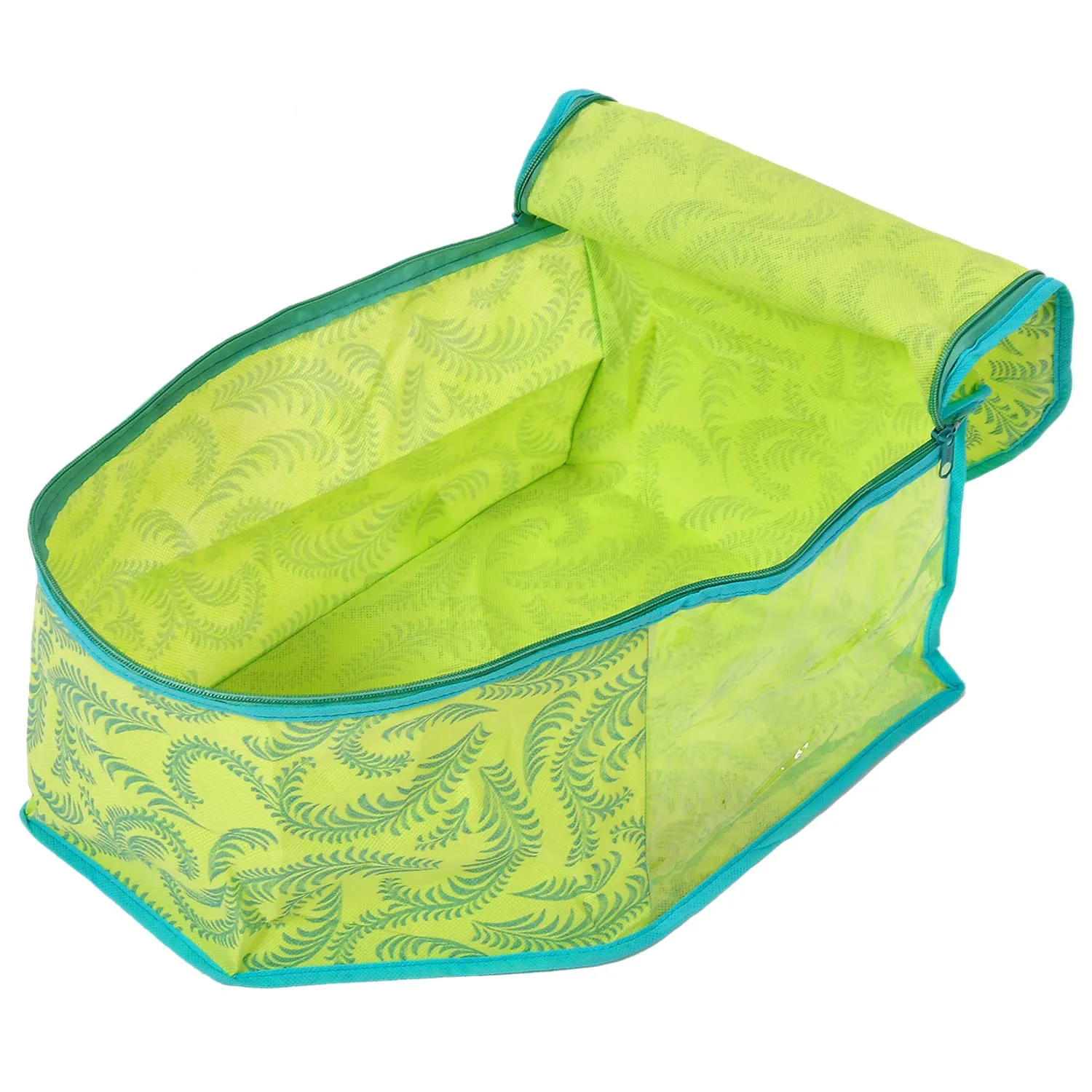 Kuber Industries Leaf Printed Non-Woven Blouse Cover Wardrobe Organiser|Metalic Leaf Print & Front Window|Zipper closure|Size 38 x 26 x 20 CM|Pack of 3 (Green)-44KM0530, Rectangular