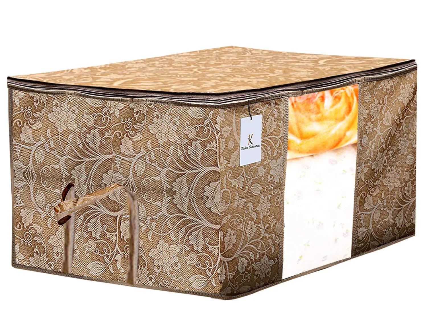 Kuber Industries Metalic Printed 2 Piece Non Woven Saree Cover and 2 Pieces Underbed Storage Bag, Storage Organiser, Blanket Cover, Beige & Ivory Red -CTKTC42384