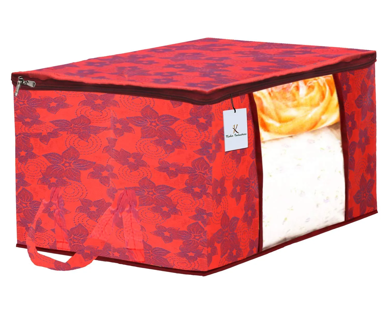 Kuber Industries Metalic Printed 2 Piece Non Woven Saree Cover and 2 Pieces Underbed Storage Bag, Storage Organiser, Blanket Cover, Gold & Red -CTKTC42389