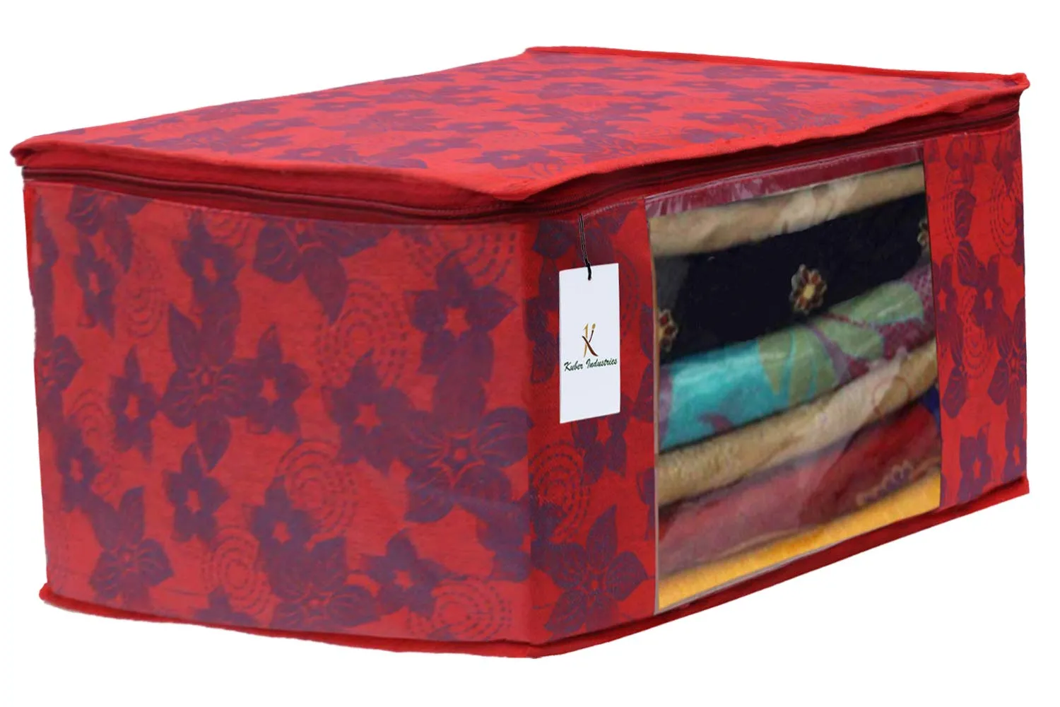 Kuber Industries Metalic Printed 2 Piece Non Woven Saree Cover and 2 Pieces Underbed Storage Bag, Storage Organiser, Blanket Cover, Gold & Red -CTKTC42389