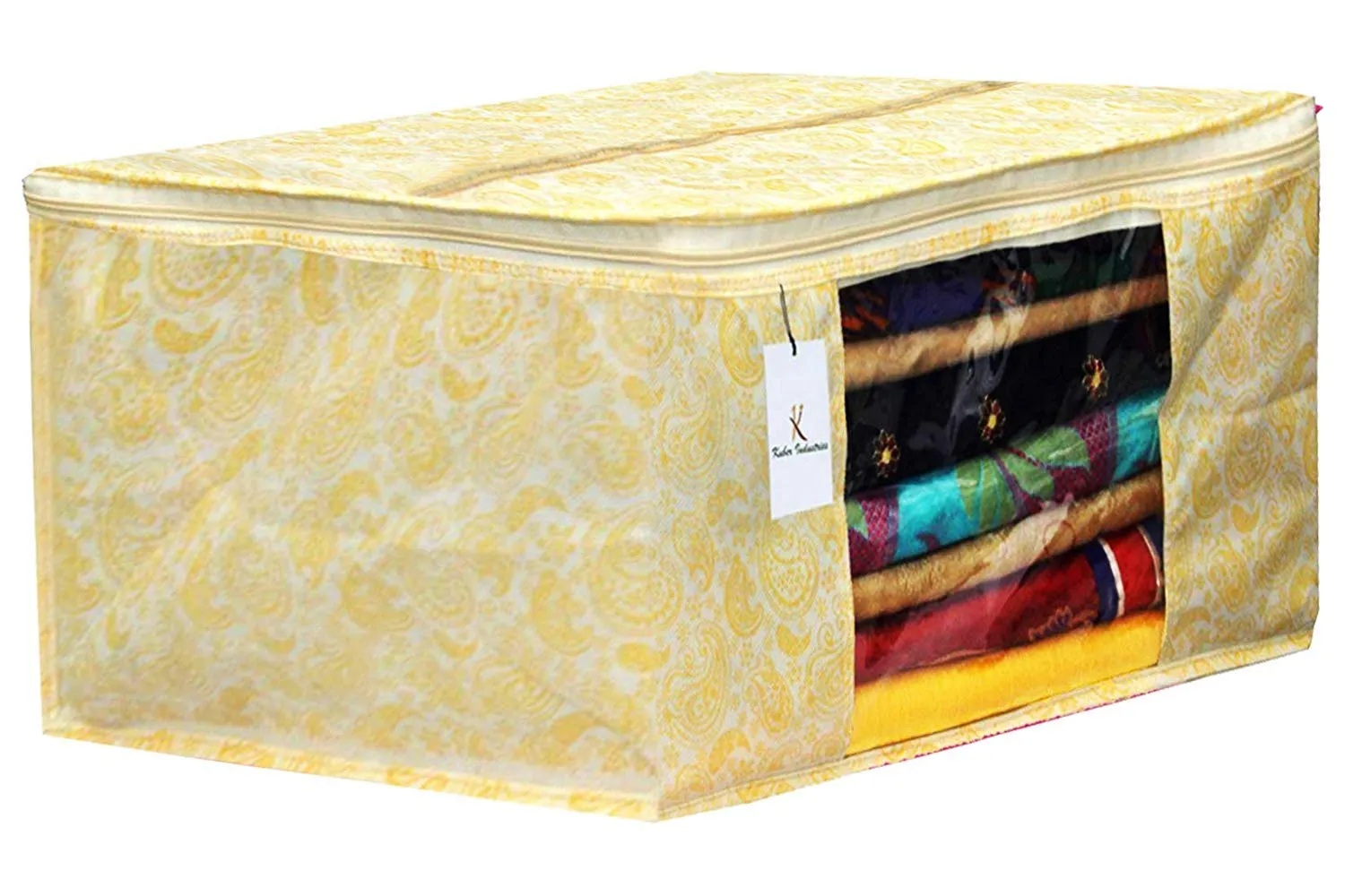 Kuber Industries Metalic Printed 2 Piece Non Woven Saree Cover and 2 Pieces Underbed Storage Bag, Storage Organiser, Blanket Cover, Gold & Red -CTKTC42389