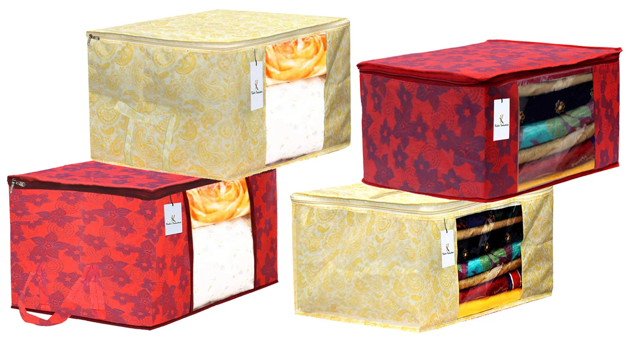 Kuber Industries Metalic Printed 2 Piece Non Woven Saree Cover and 2 Pieces Underbed Storage Bag, Storage Organiser, Blanket Cover, Gold & Red -CTKTC42389