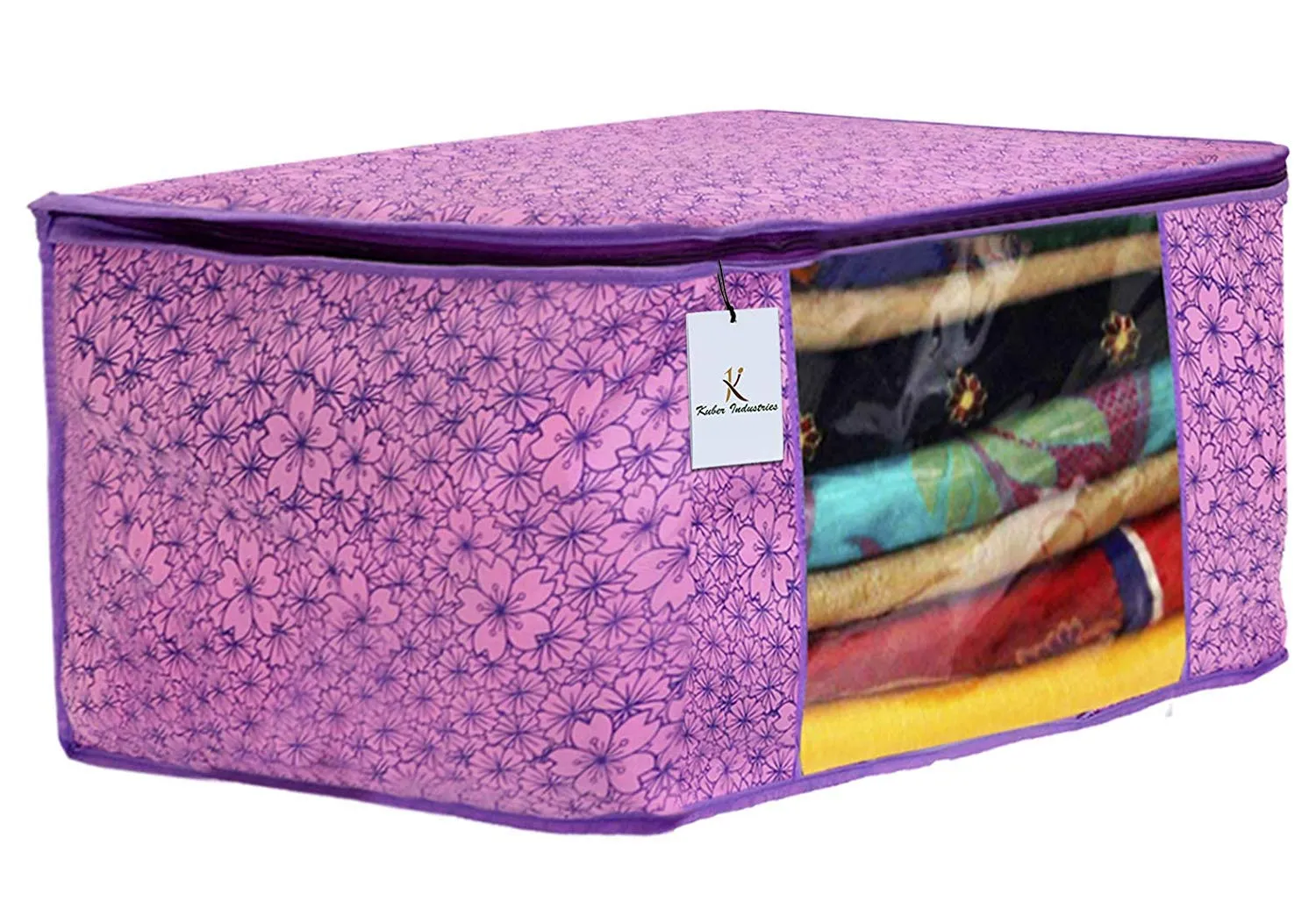 Kuber Industries Metalic Printed 3 Piece Non Woven Saree Cover and 3 Pieces Underbed Storage Bag, Storage Organiser, Blanket Cover, Pink Purple & Golden Brown & Beige -CTKTC042405