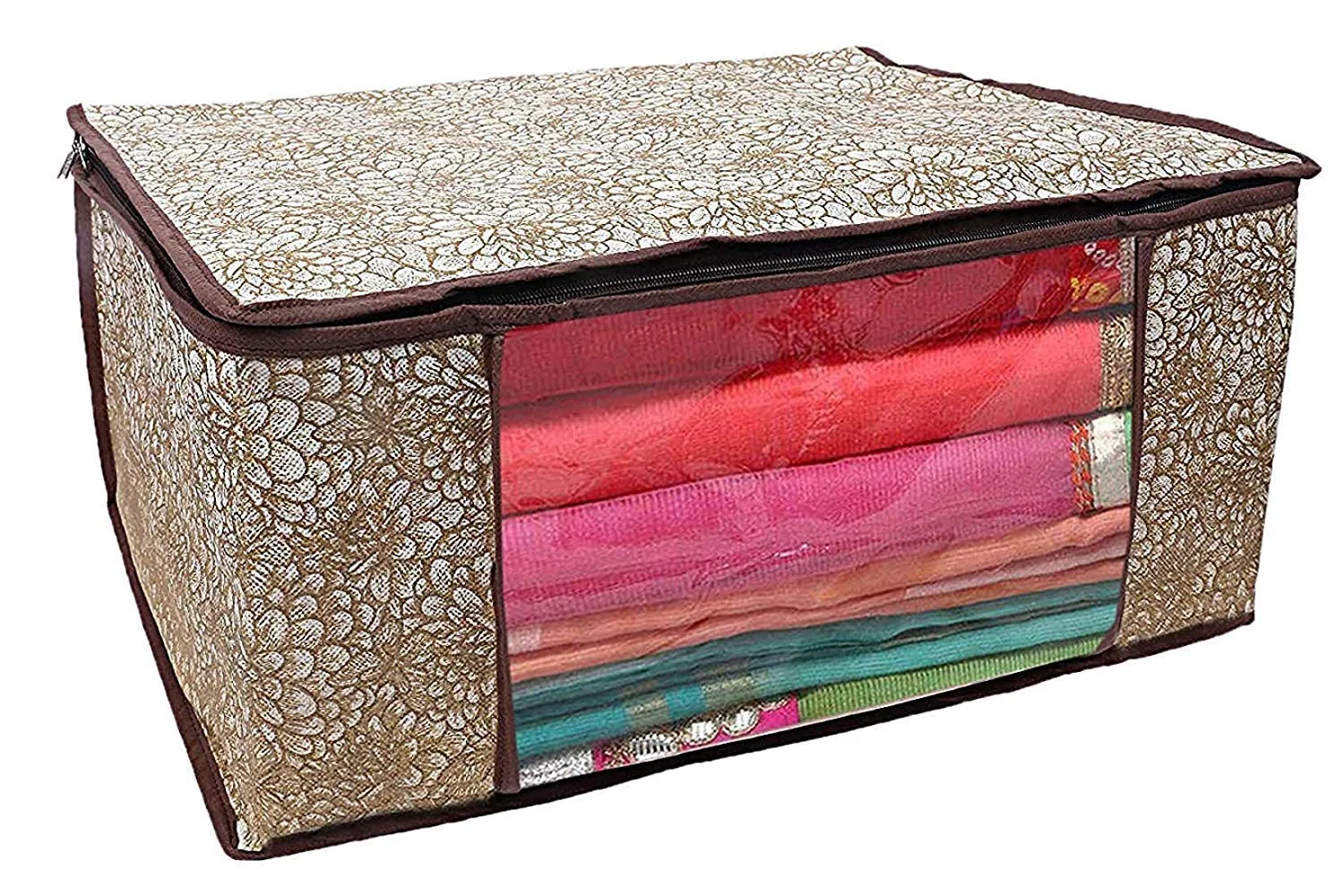 Kuber Industries Metalic Printed 3 Piece Non Woven Saree Cover and 3 Pieces Underbed Storage Bag, Storage Organiser, Blanket Cover, Pink Purple & Golden Brown & Beige -CTKTC042405