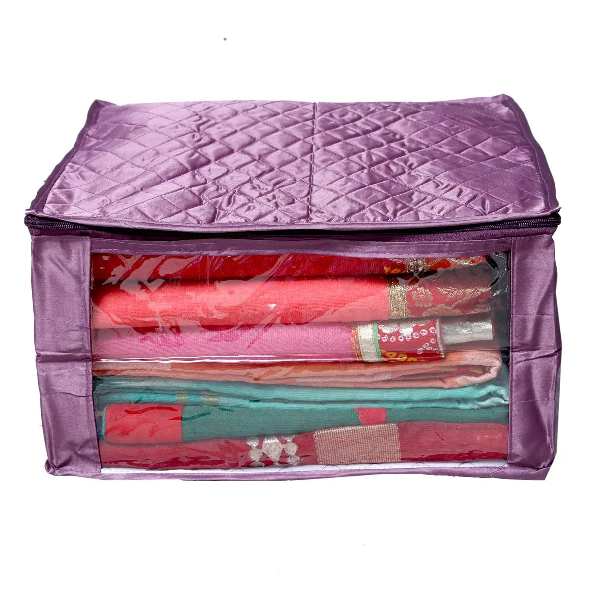 Kuber Industries Quilted Satin Saree Cover Set|Zipper Closer With Transparent Window|Size 43 x 35 x 22 CM (Purple)