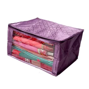 Kuber Industries Quilted Satin Saree Cover Set|Zipper Closer With Transparent Window|Size 43 x 35 x 22 CM (Purple)