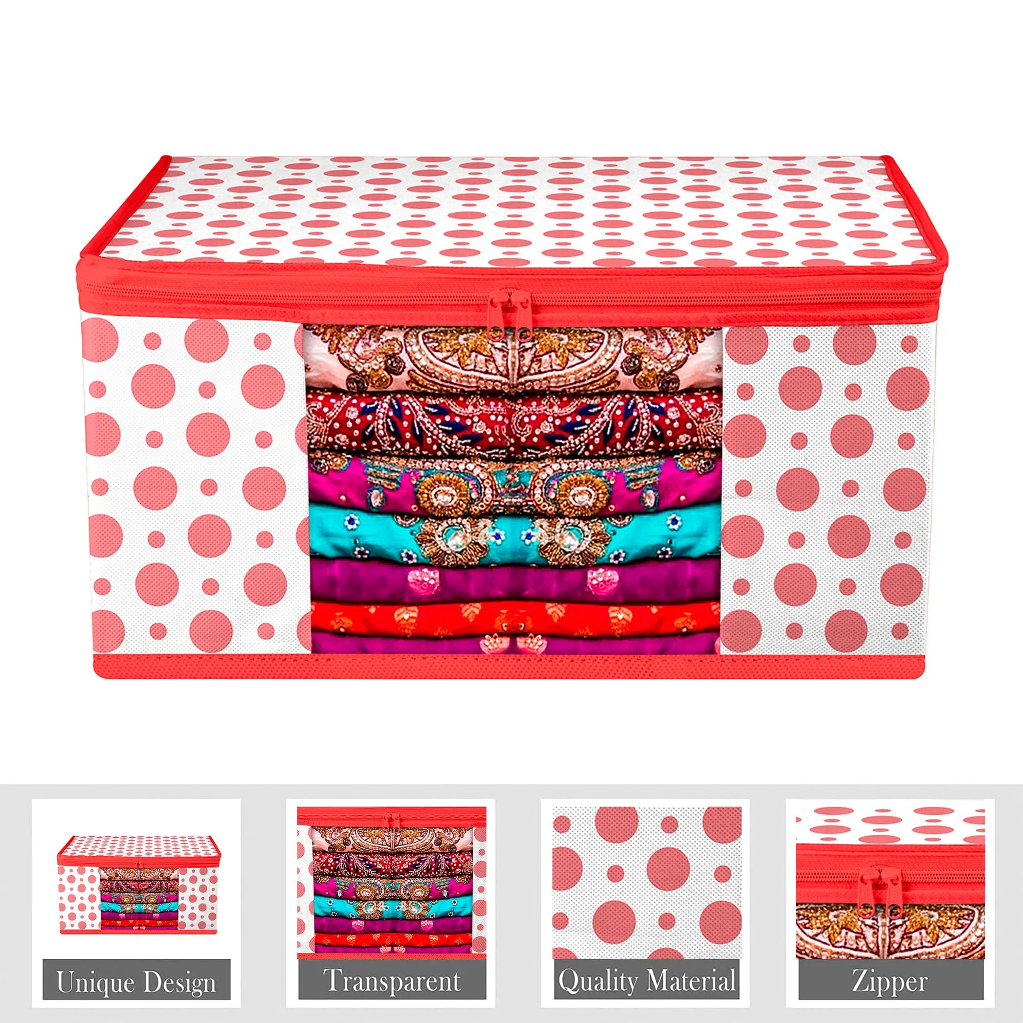 Kuber Industries Saree Cover & Underbed Stoarge Bag Set | 3 Pieces Saree & 3 Pieces Underbed Storage Bag Combo Set | Zipper Closure & Handle | Dot-Design | Set of 6 | Red