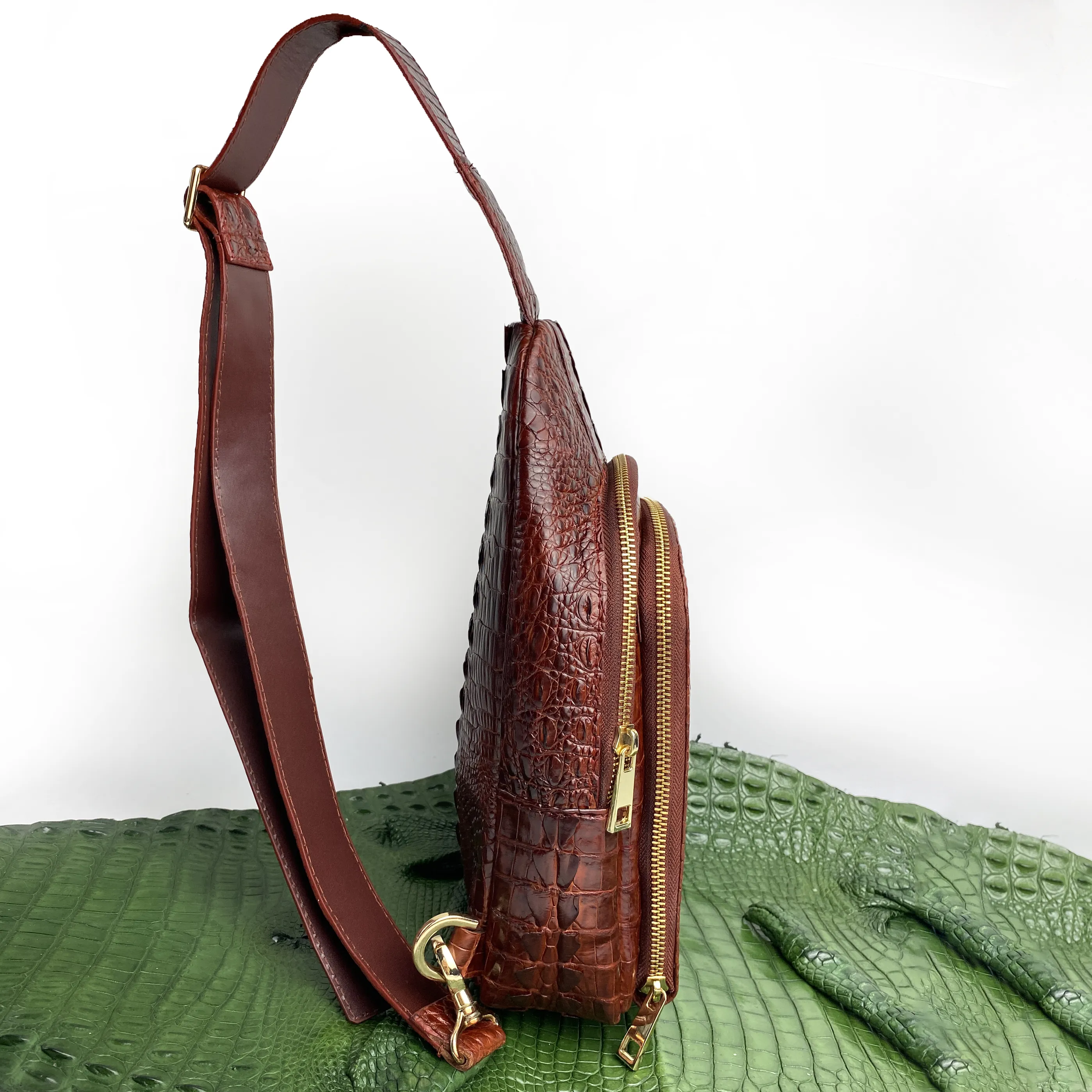 Light Brown Alligator Crossbody Sling Bag | Handmade Men's Crocodile Shoulder Bag | BACKPACK66