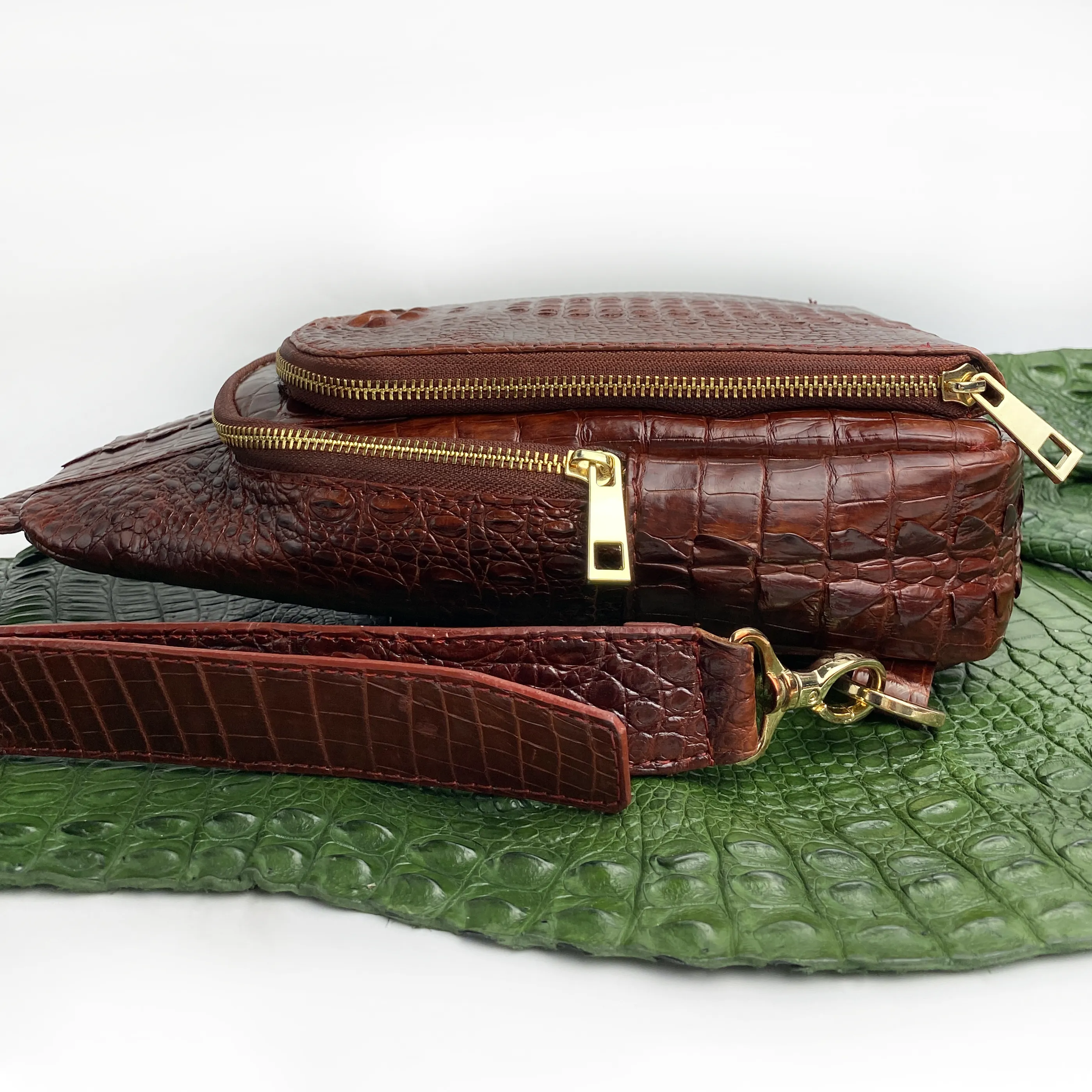 Light Brown Alligator Crossbody Sling Bag | Handmade Men's Crocodile Shoulder Bag | BACKPACK66