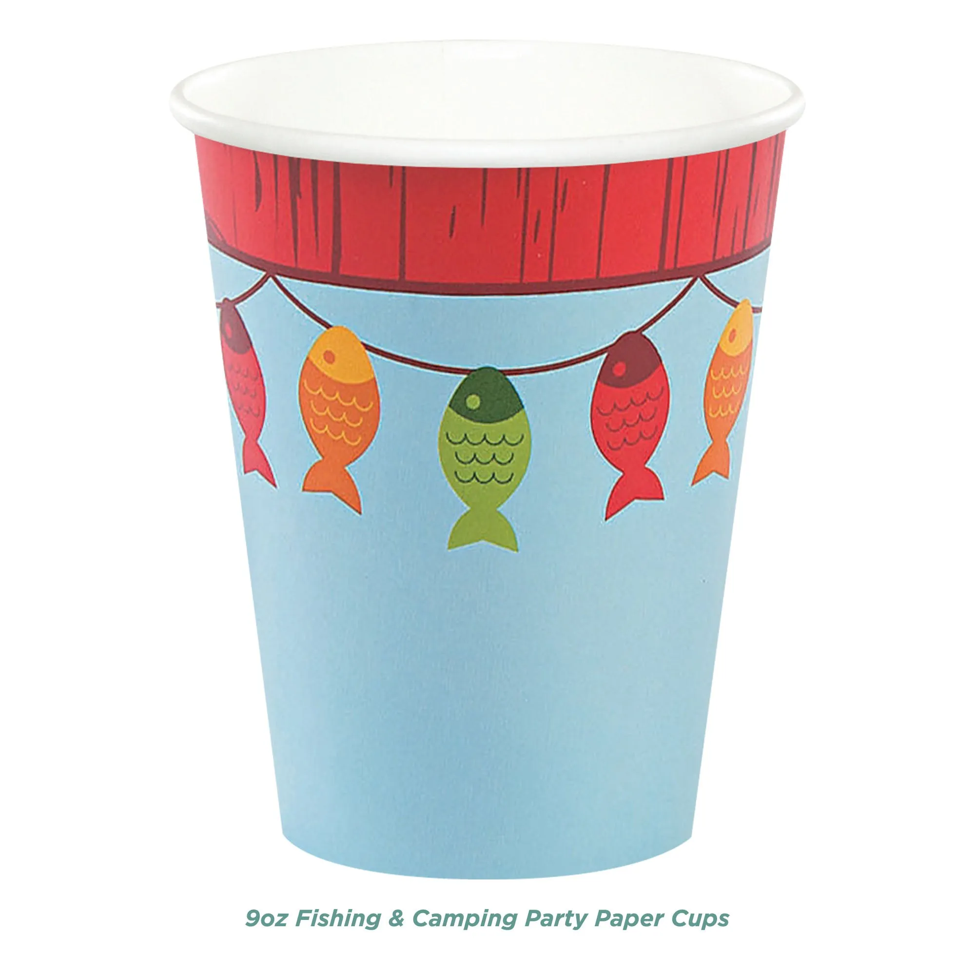 Little Fisherman Fishing and Camping Party Paper Dessert Plates, Napkins, Cups, Table Cover, and Garland Set (Serves 16)