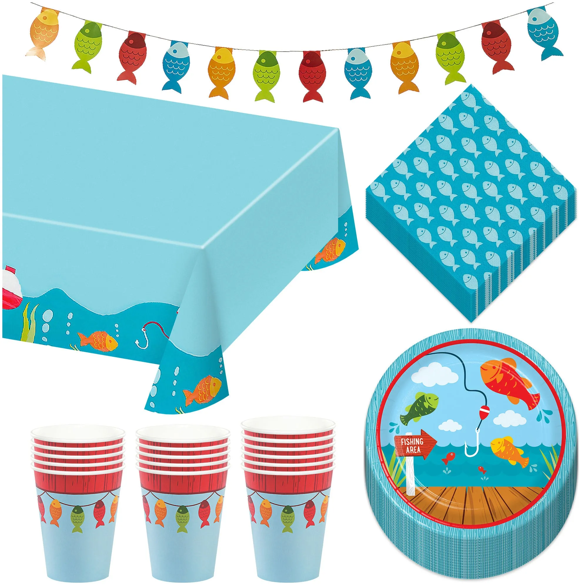 Little Fisherman Fishing and Camping Party Paper Dessert Plates, Napkins, Cups, Table Cover, and Garland Set (Serves 16)