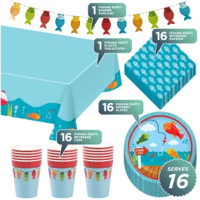 Little Fisherman Fishing and Camping Party Paper Dessert Plates, Napkins, Cups, Table Cover, and Garland Set (Serves 16)