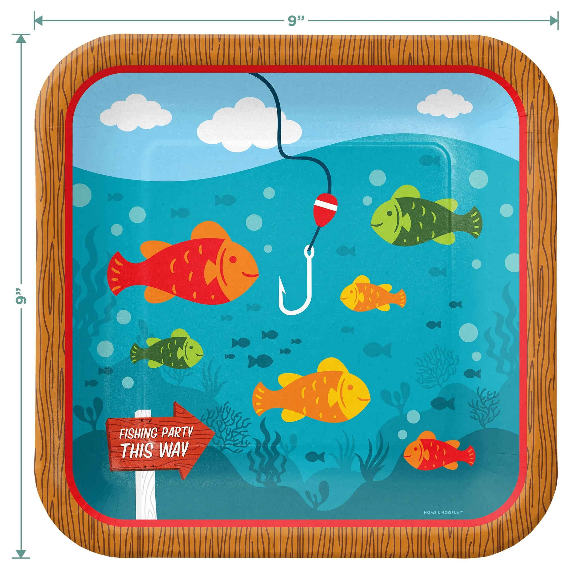 Little Fisherman Fishing and Camping Party Square Paper Dinner Plates and Lunch Napkins (16 Plates & Napkins)