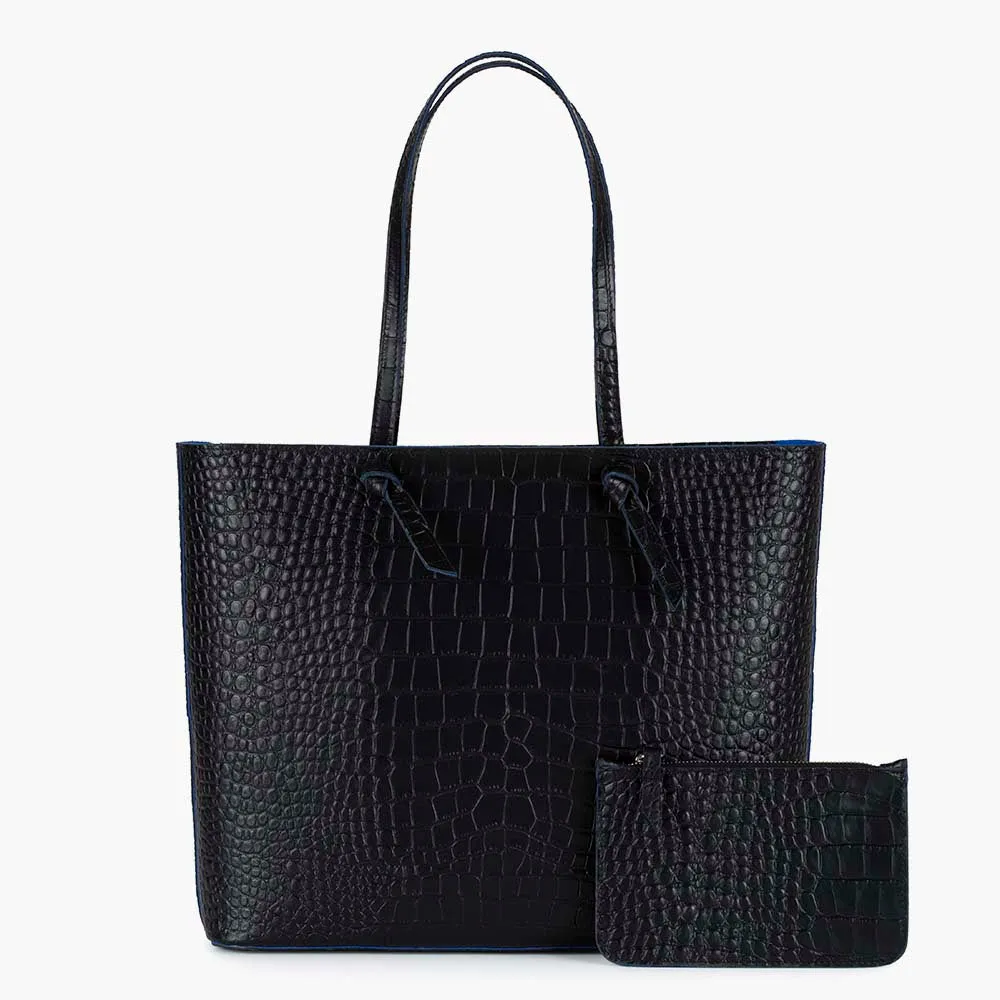 Milano Large Leather Shoulder Tote Bag - Black Croc Print