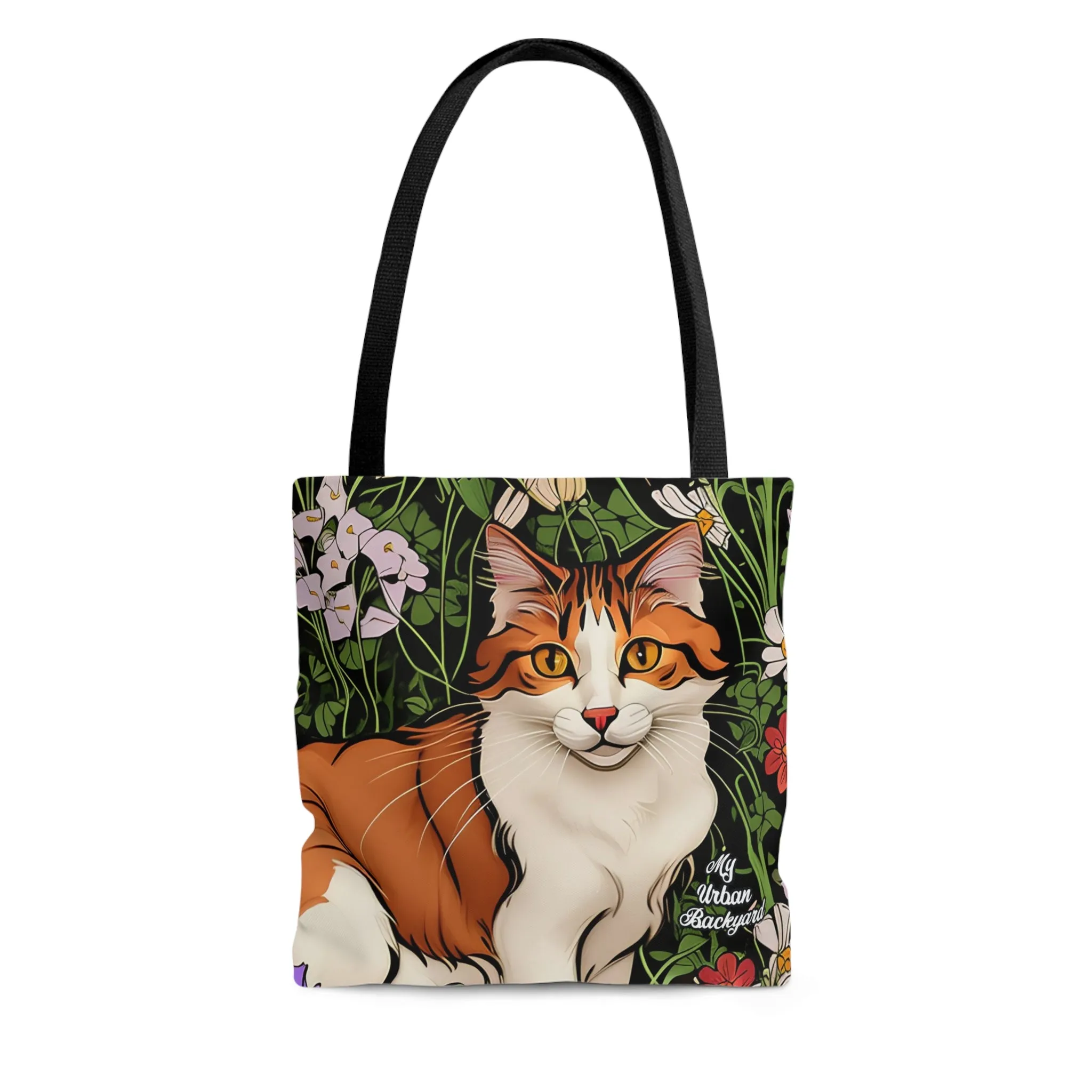 Orange Cat with Flowers, Tote Bag for Everyday Use - Durable and Functional