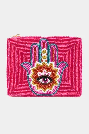 Pink Beaded Hamsa Hand Coin Purse