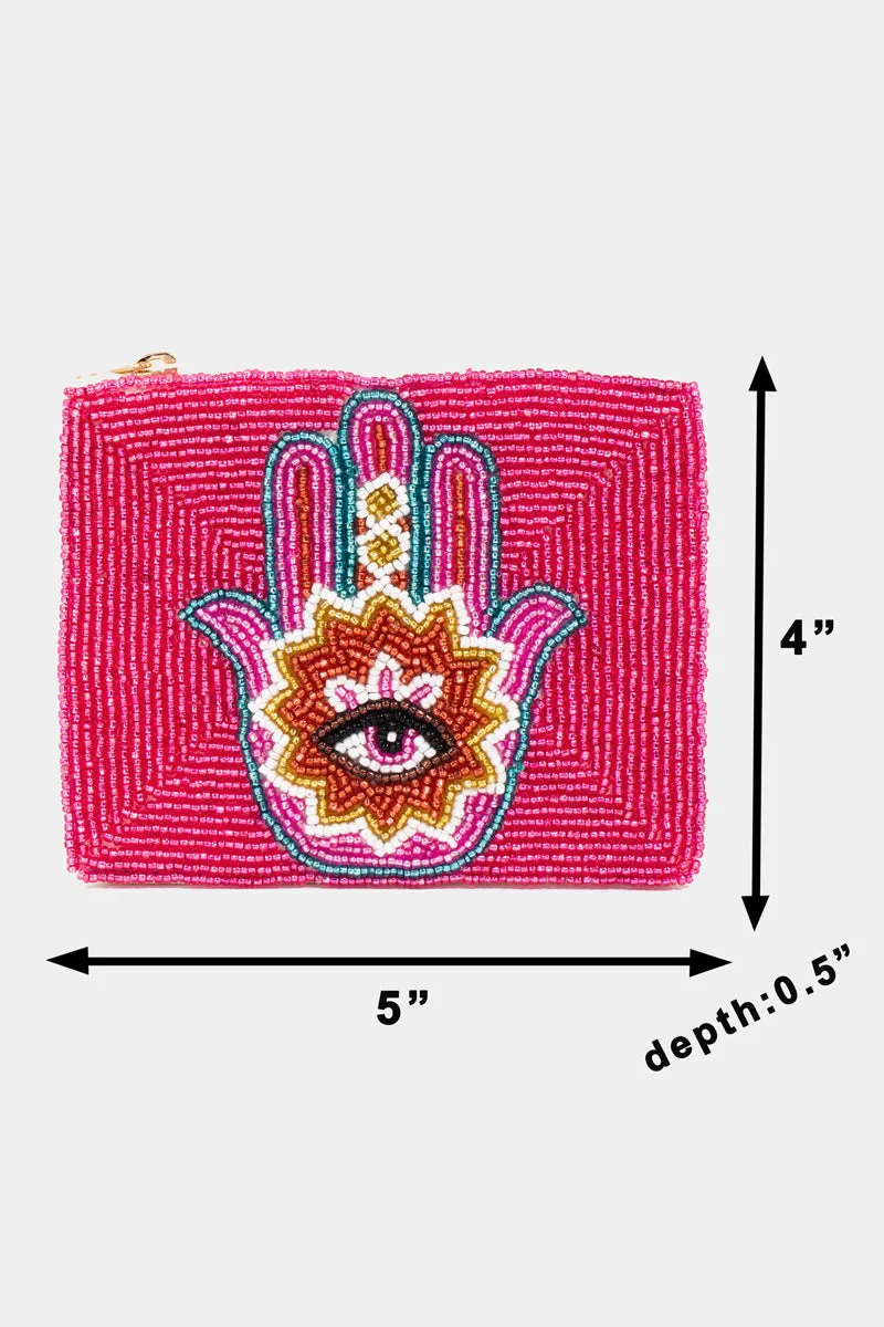 Pink Beaded Hamsa Hand Coin Purse