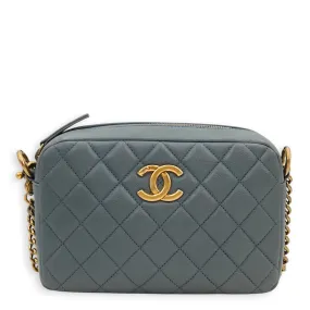 Quilted Camera Blue Crossbody Bag in Calfskin, Gold hardware