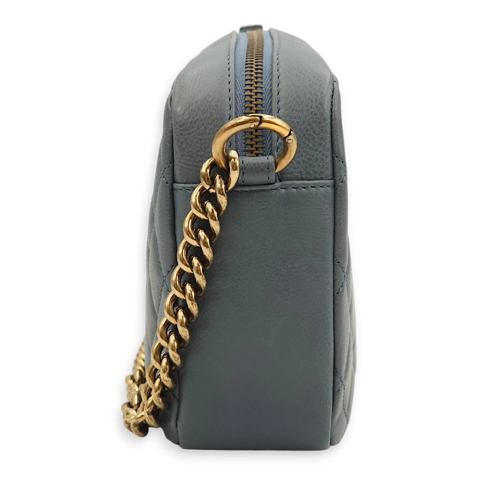 Quilted Camera Blue Crossbody Bag in Calfskin, Gold hardware