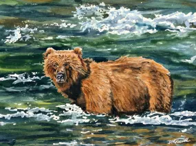 "Grizzly Fishing" - 11"x15" Original watercolor or Giclée print.