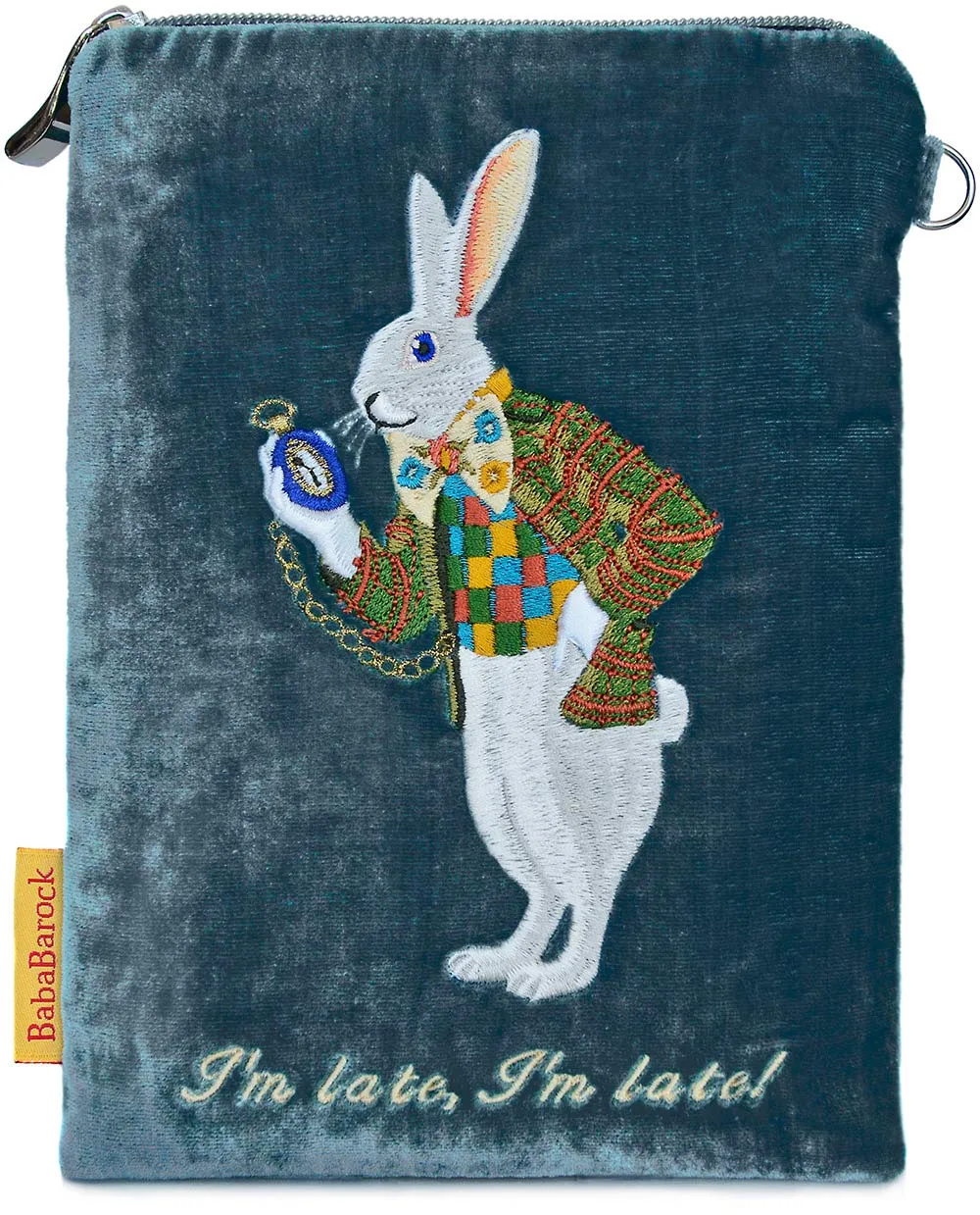 "I'm Late!" - White Rabbit silk velvet embroidered wristlet. Blue teal.