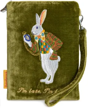 "I'm Late!" - White Rabbit silk velvet embroidered wristlet. Green.