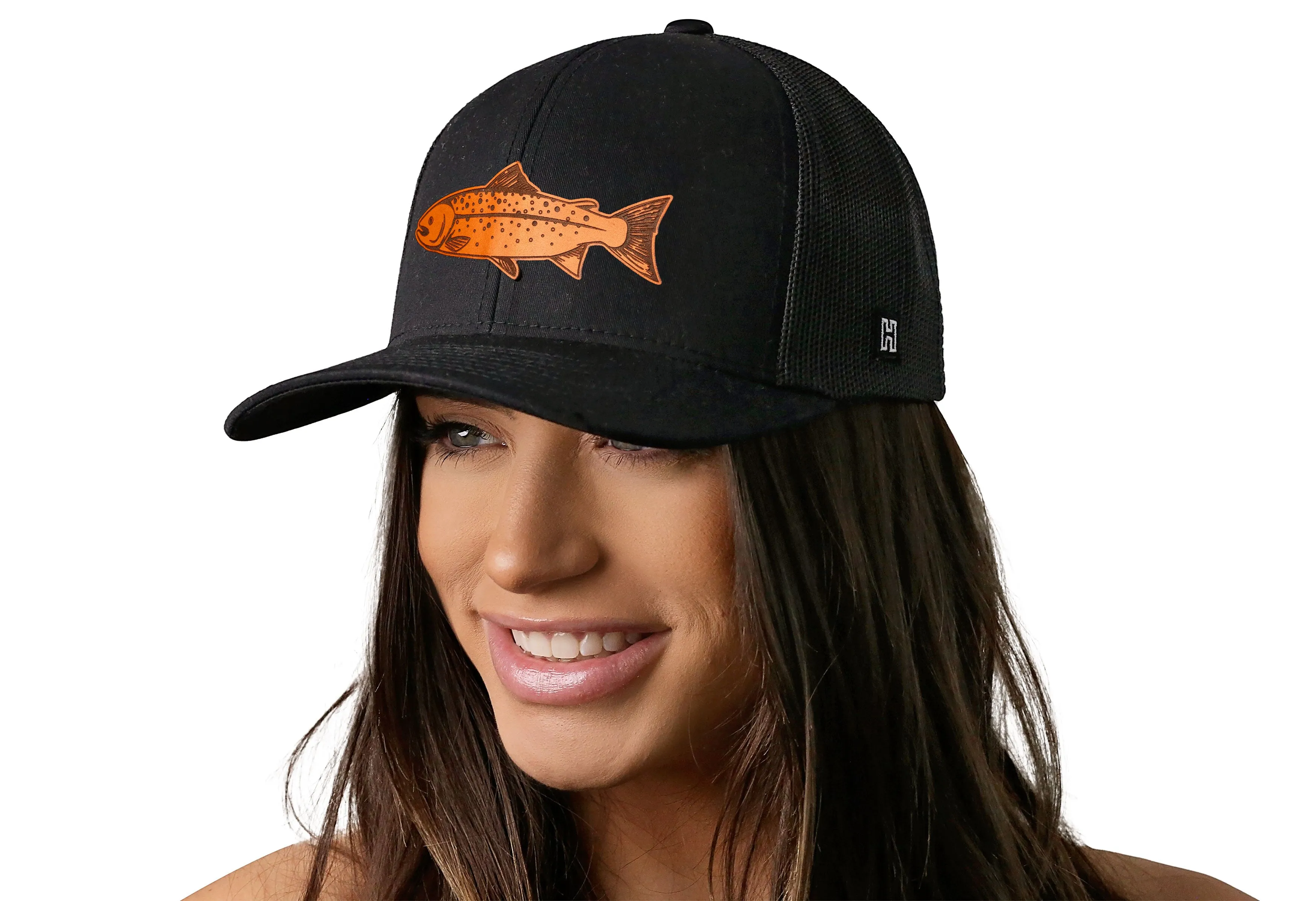 Salmon Trucker Hat Leather  |  Black Fishing Snapback