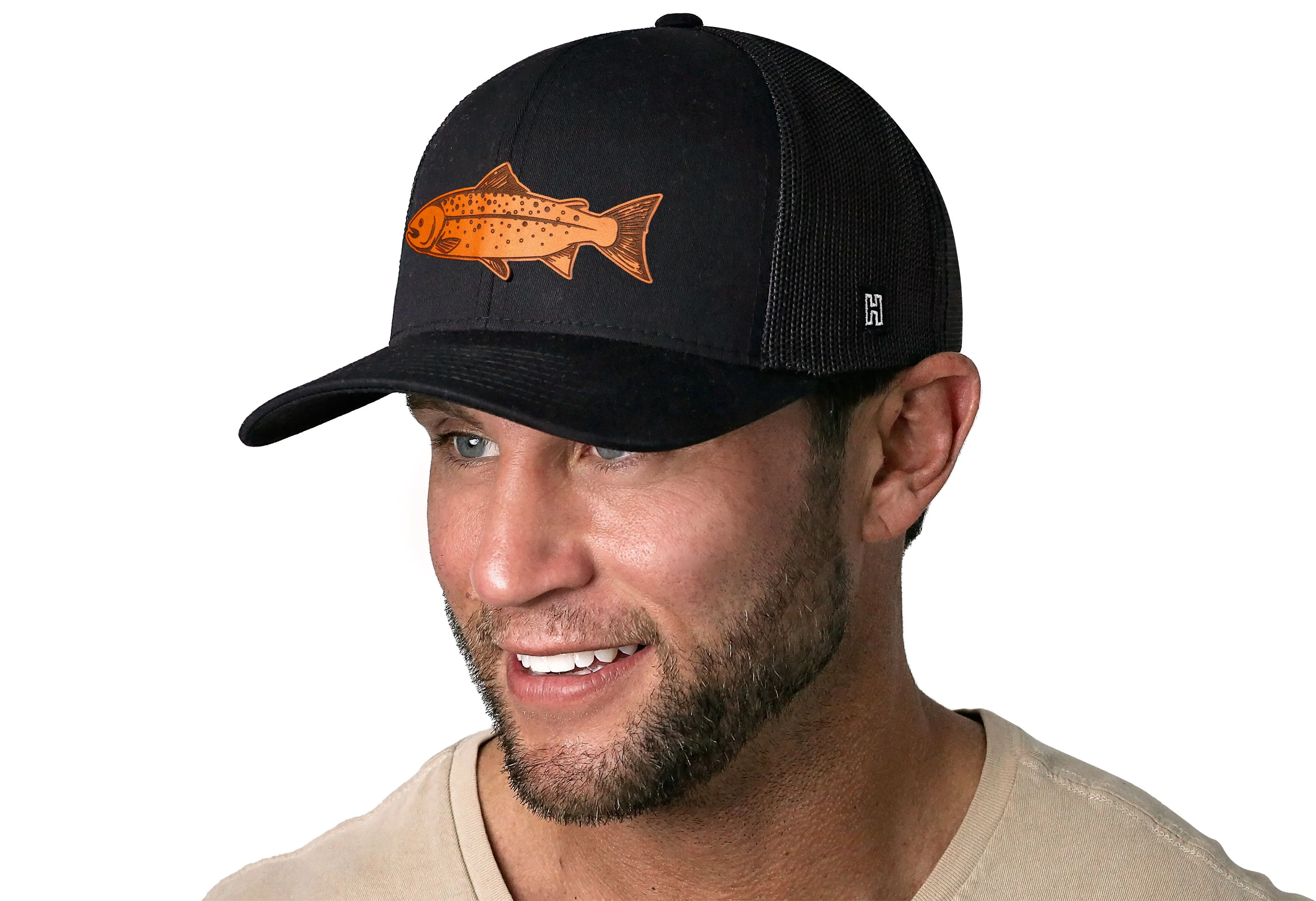 Salmon Trucker Hat Leather  |  Black Fishing Snapback