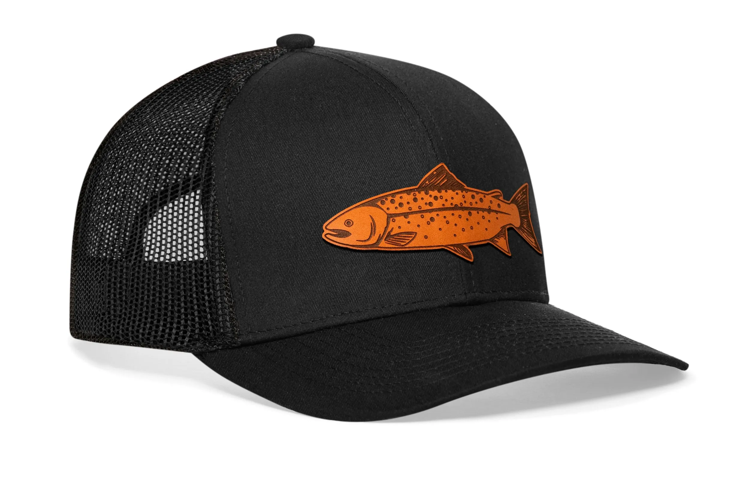 Salmon Trucker Hat Leather  |  Black Fishing Snapback