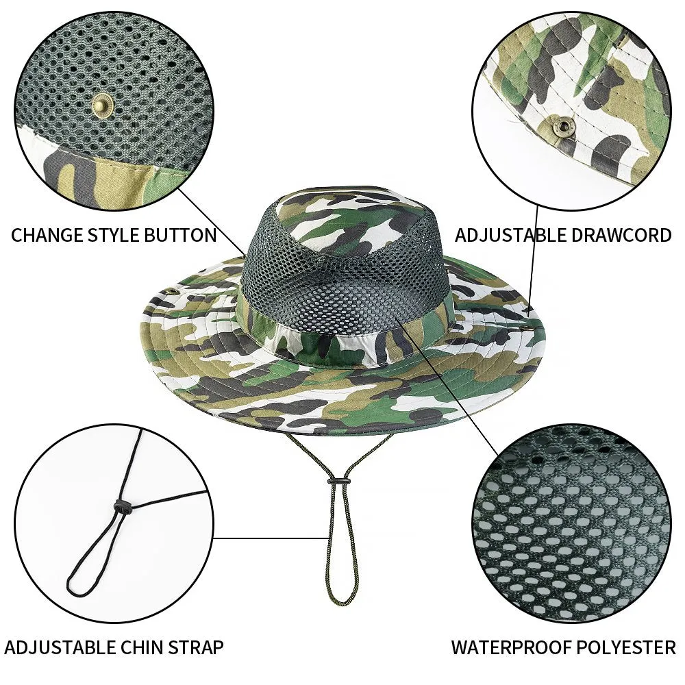 Silensys Breathable Wide Brim Outdoor Sun Hat, Suitable for Hiking, Camping, Fishing Men and Women'S Camouflage Summer Hat（Camo Mesh Green ）