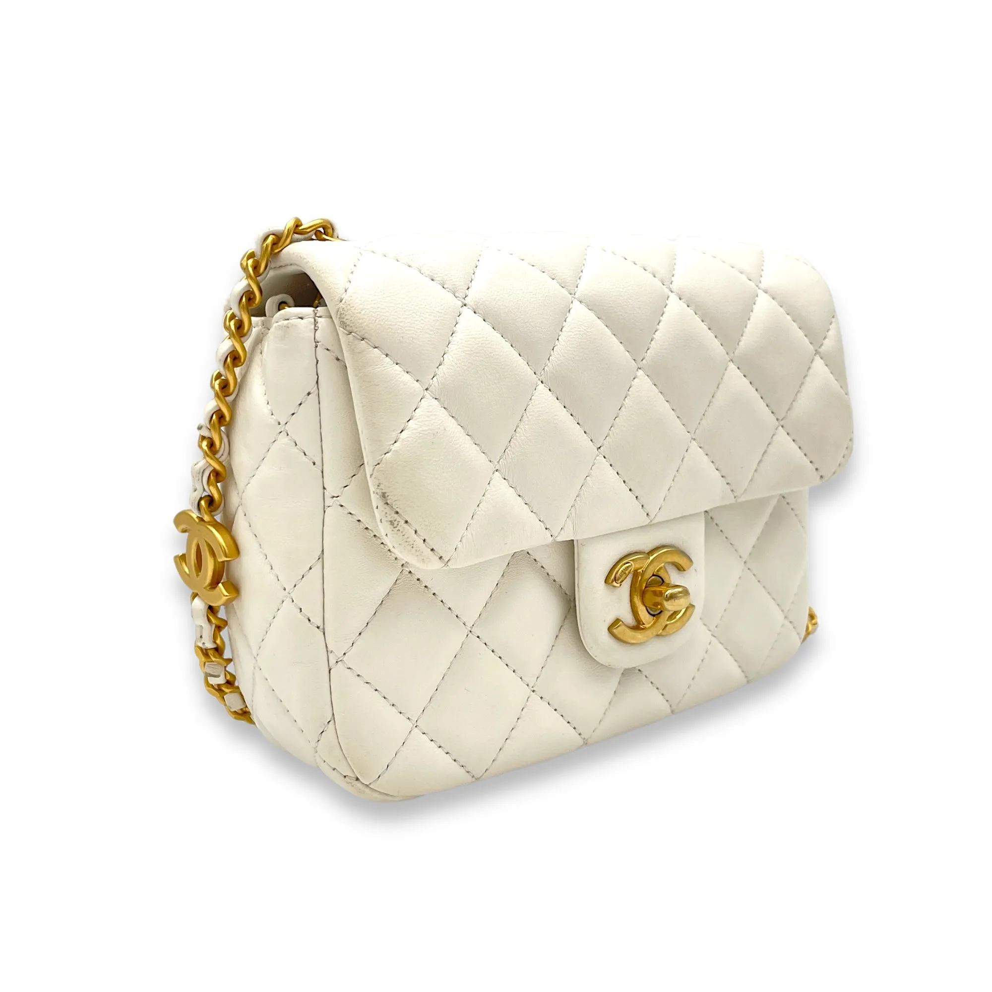 Square Bag Mini White Crossbody Bag in Lambskin, Gold hardware