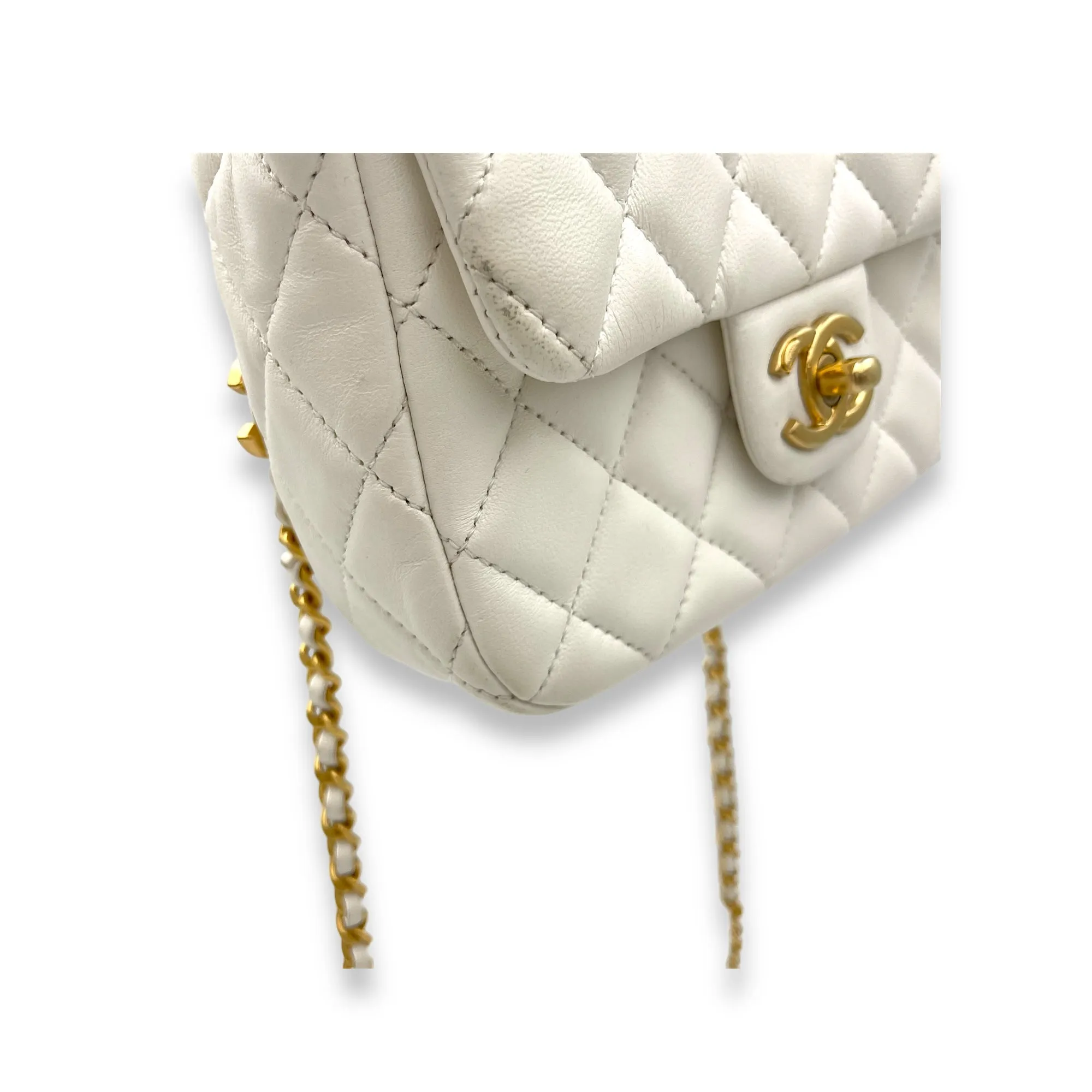 Square Bag Mini White Crossbody Bag in Lambskin, Gold hardware