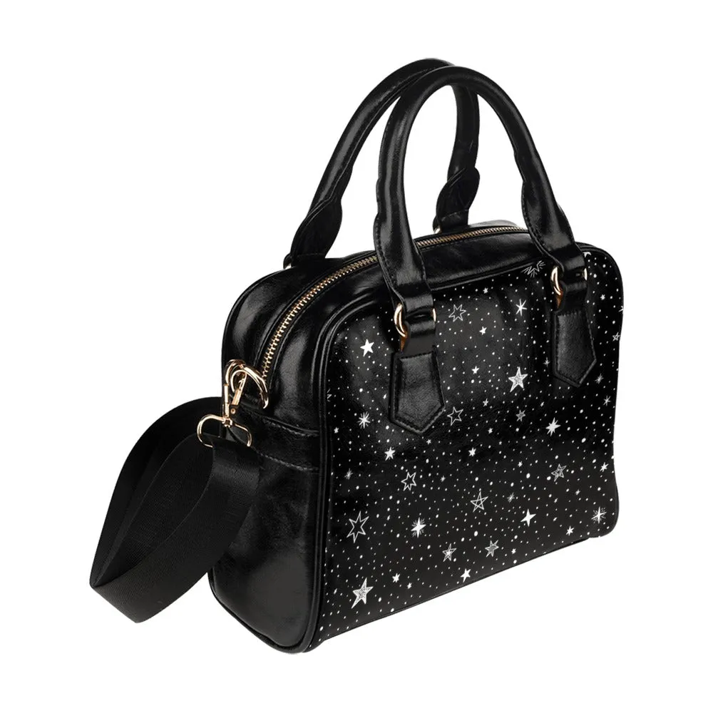 Stars Purse, Space Black White Pattern Cute Small Crossbody Shoulder Constellation Zip Bag Vegan Leather Women Designer Handbag Ladies