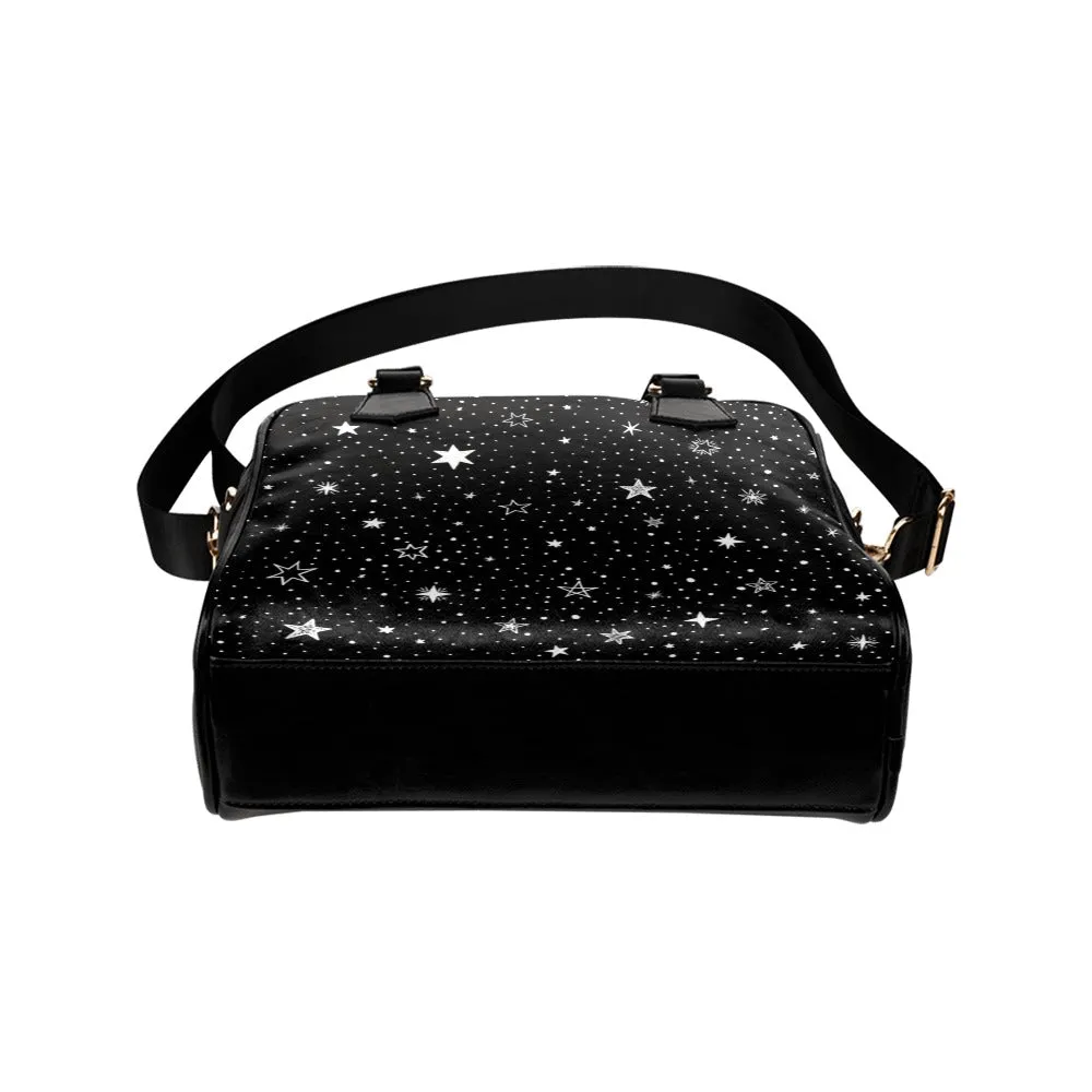 Stars Purse, Space Black White Pattern Cute Small Crossbody Shoulder Constellation Zip Bag Vegan Leather Women Designer Handbag Ladies