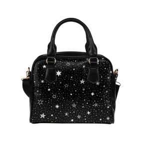 Stars Purse, Space Black White Pattern Cute Small Crossbody Shoulder Constellation Zip Bag Vegan Leather Women Designer Handbag Ladies