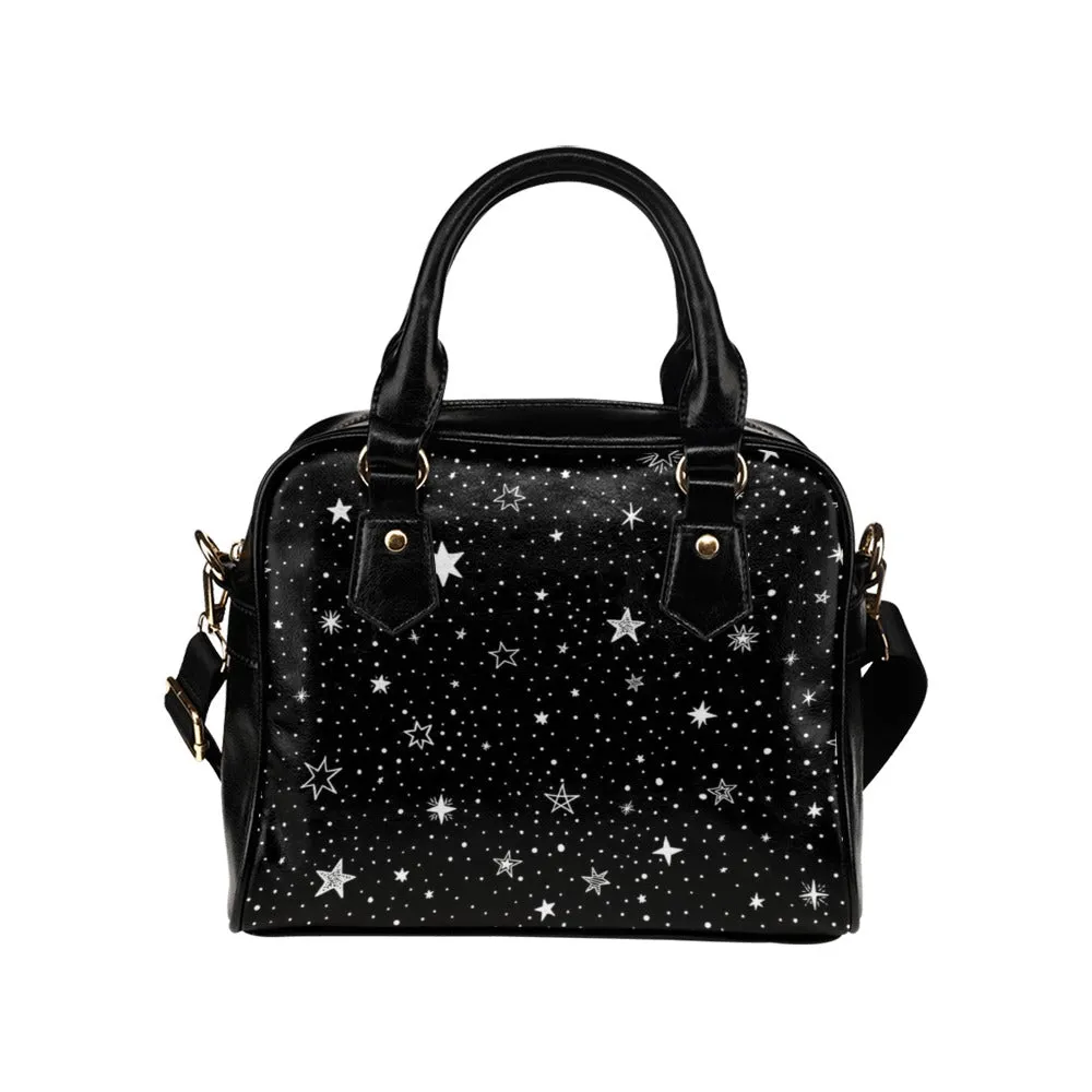 Stars Purse, Space Black White Pattern Cute Small Crossbody Shoulder Constellation Zip Bag Vegan Leather Women Designer Handbag Ladies