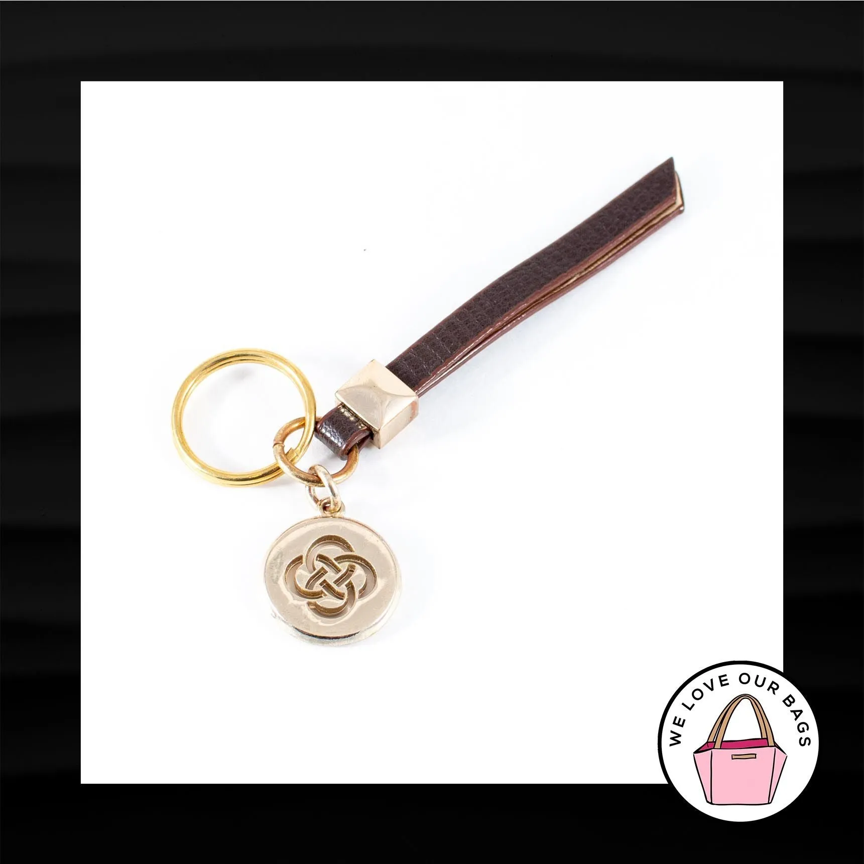 STELLA AND DOT GOLD & BROWN LEATHER LOOP STRAP KEY FOB CHARM KEYCHAIN HANG TAG