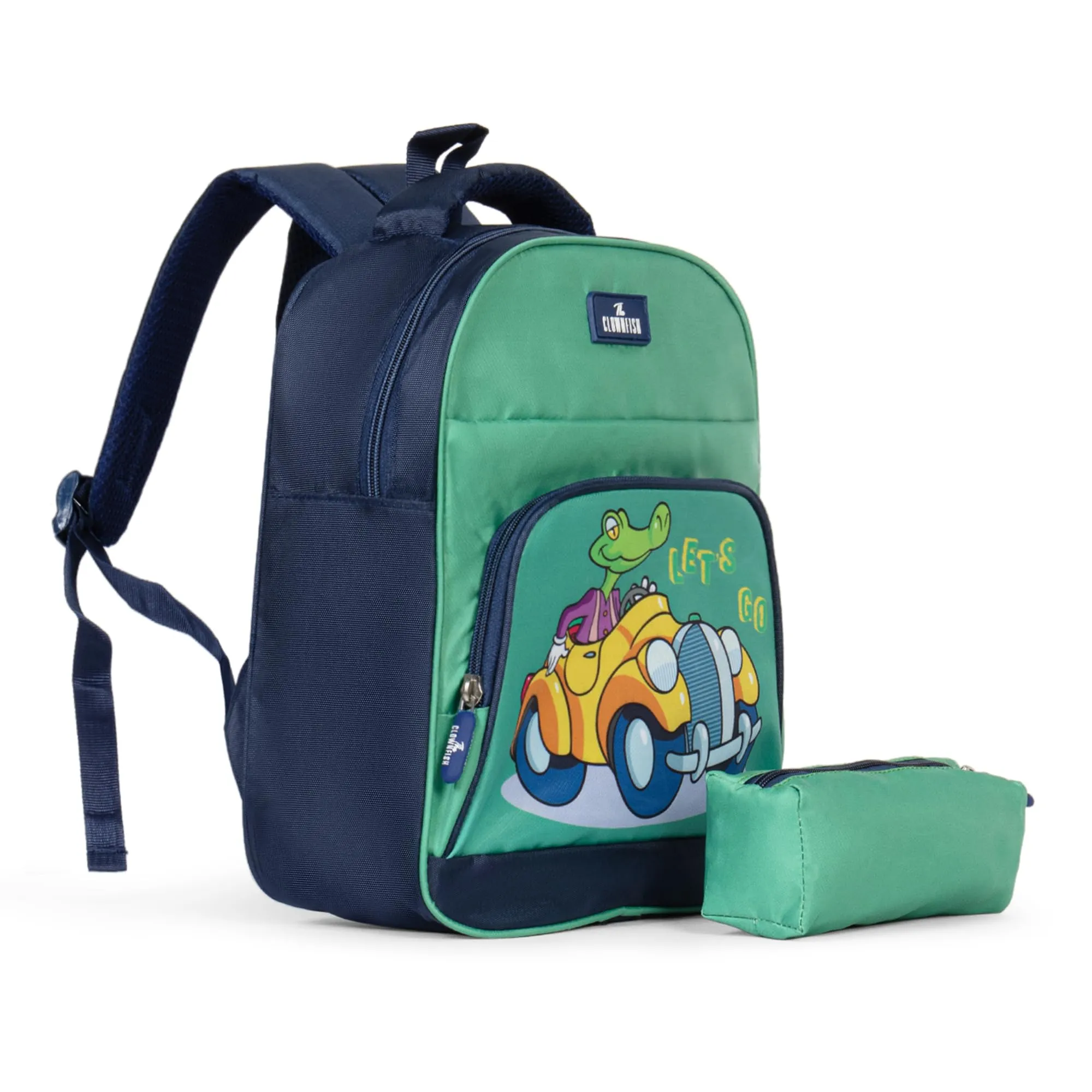 THE CLOWNFISH Mini Explorer Series Printed Polyester 12 Litres Kids Backpack School Bag with Pencil Staionery Pouch Daypack Picnic Bag for Tiny Tots. Age 3-5 Years (Green - Car)