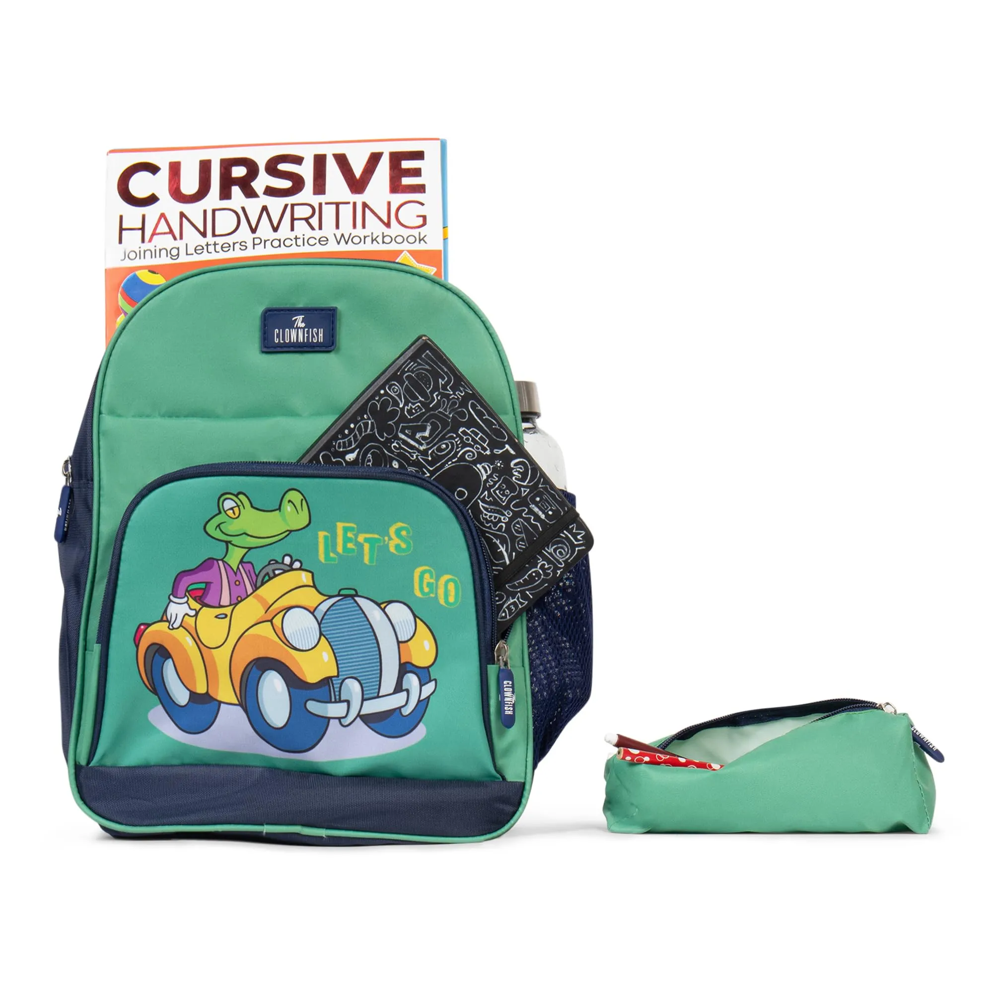 THE CLOWNFISH Mini Explorer Series Printed Polyester 12 Litres Kids Backpack School Bag with Pencil Staionery Pouch Daypack Picnic Bag for Tiny Tots. Age 3-5 Years (Green - Car)