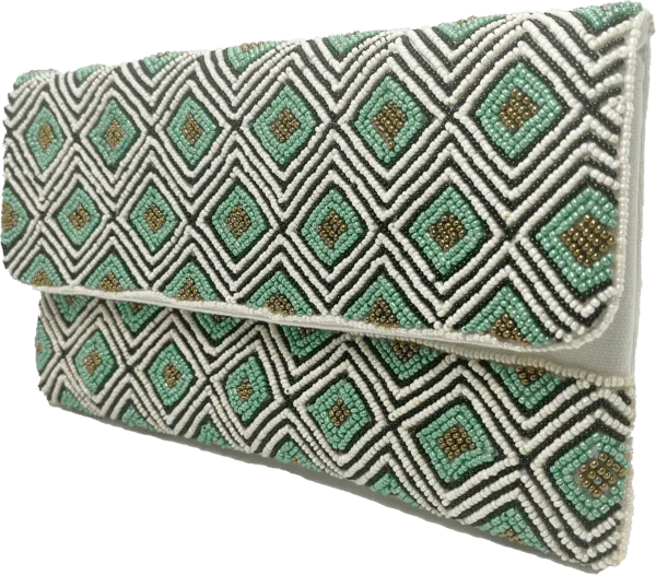 Turquoise & Cream Diamond Beaded Clutch