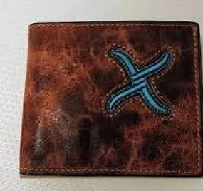 Twisted X Distressed Tooled Bi-Fold Wallet with Turquoise Logo