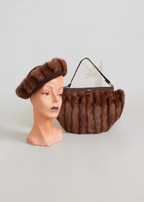 Vintage 1940s Brown Fur Tilt Hat and Purse Set