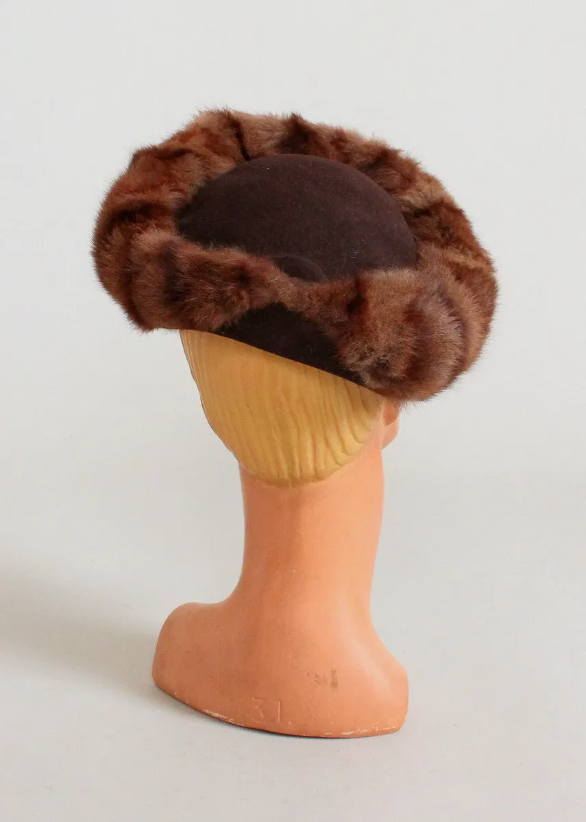 Vintage 1940s Brown Fur Tilt Hat and Purse Set