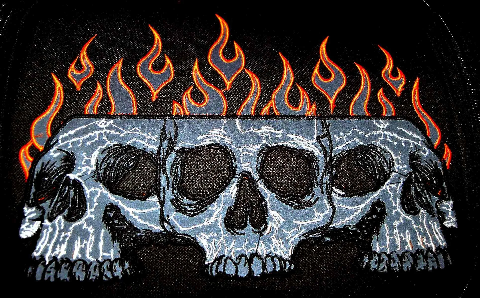 VS364 Vance Leather Textile Trunk Bag with Expandable Sides and Reflective Skull with Colored Flame Embroidery